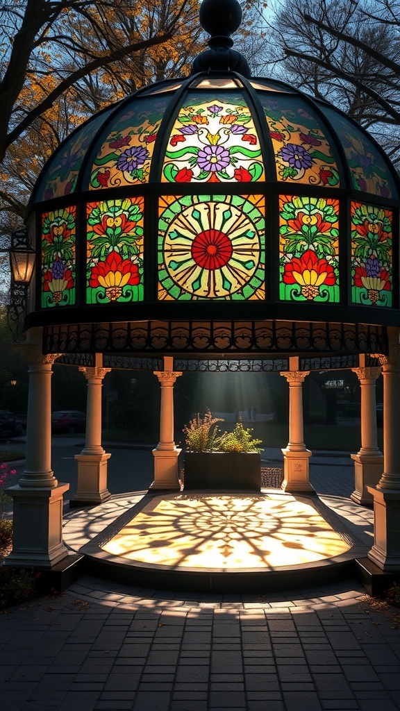 A gazebo with stained glass panels, casting colorful shadows on the ground.