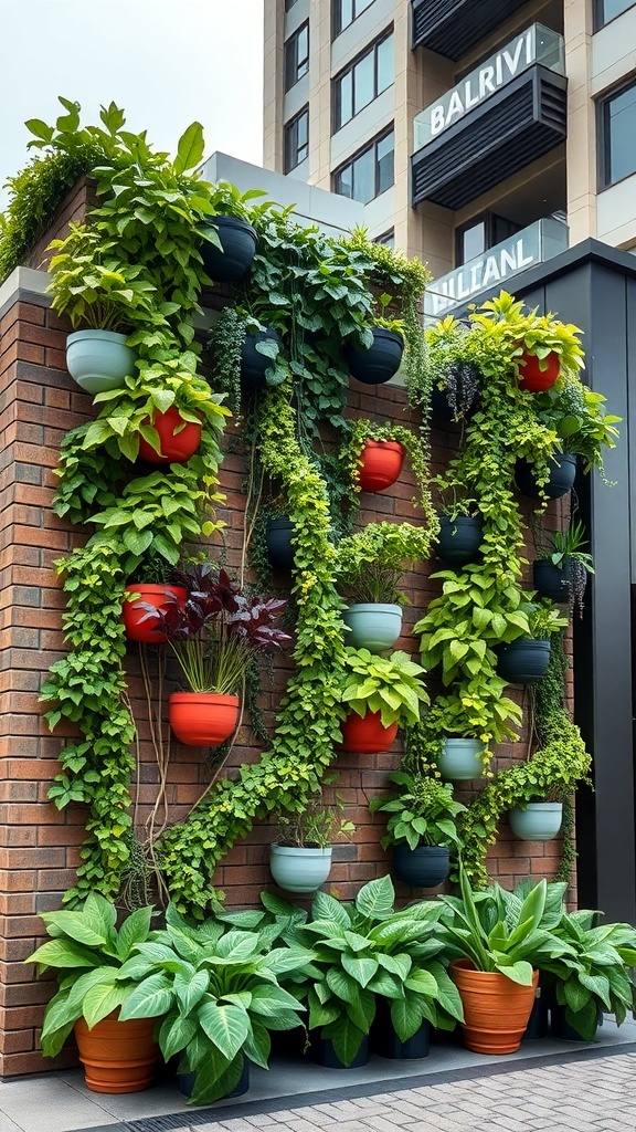 A vertical garden with colorful pots on a brick wall, featuring lush green plants.