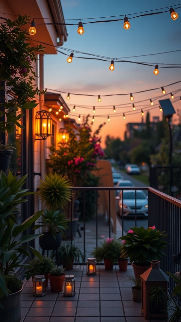 A beautifully lit small balcony garden with string lights and lanterns at sunset.