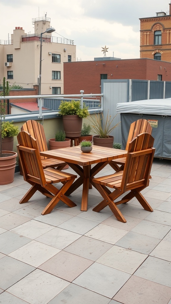 A wooden table and chairs set on a rooftop garden, surrounded by potted plants.