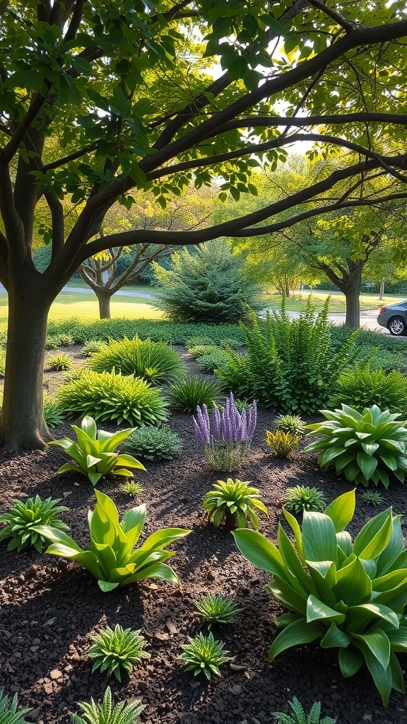 A lush shade garden with various plants thriving under trees, showcasing a vibrant green landscape.