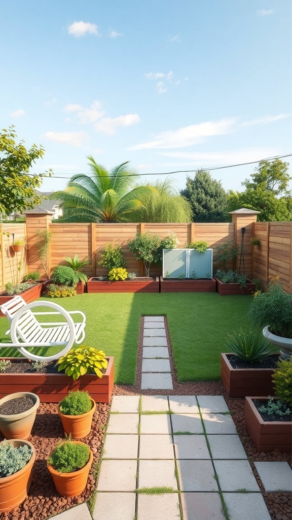 A well-designed backyard garden with seating, green grass, and raised garden beds.