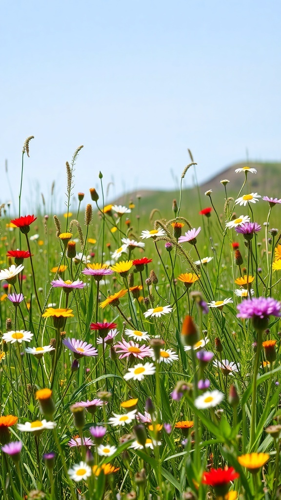 A colorful wildflower meadow with various flowers swaying in the breeze under a clear blue sky.