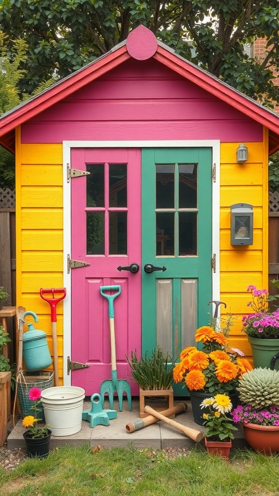 A colorful garden shed painted in pink, green, and yellow, surrounded by vibrant flowers and gardening tools.