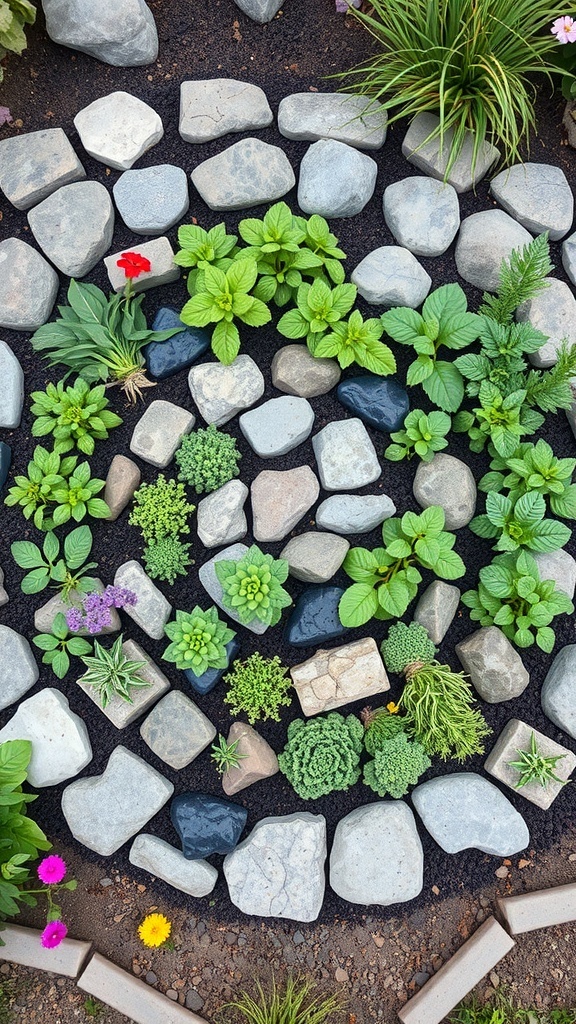 A top-down view of a herb spiral garden layout with various herbs and stones.