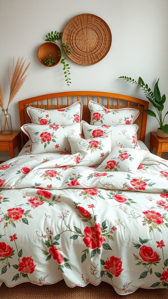 A cozy bed with floral bedding featuring red flowers on a white background, complemented by decorative pillows and plants.