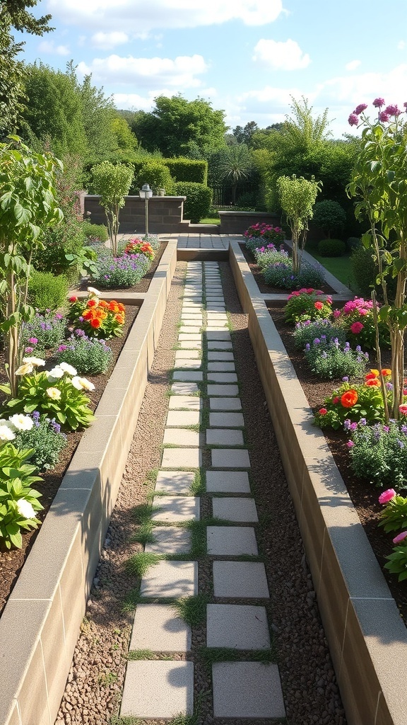 A sunken garden pathway lined with flowers and greenery.