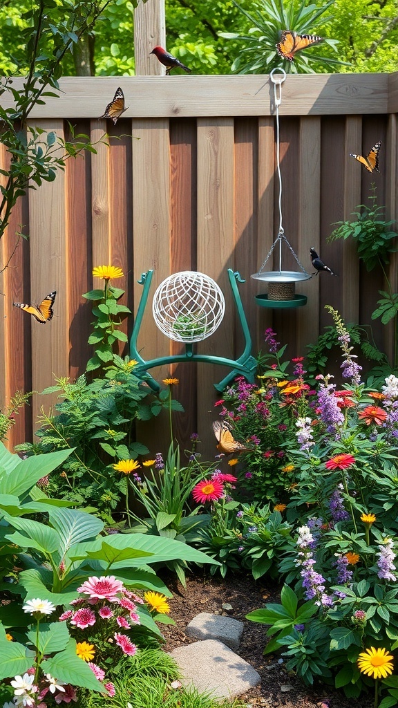 A colorful corner garden filled with flowers, butterflies, and a bird feeder.
