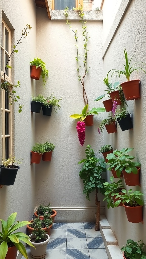 A small courtyard featuring a vertical garden with various plants in wall-mounted pots.