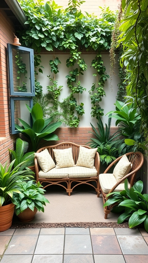 Cozy seating nook surrounded by lush greenery in a corner garden.