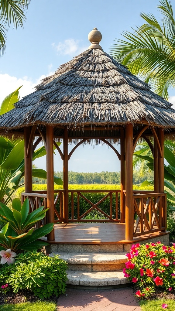 A charming gazebo with a thatched roof surrounded by lush greenery and colorful flowers.