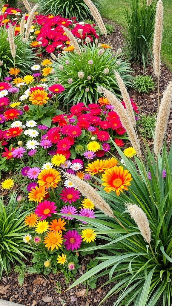 A colorful flower bed with a variety of flowers including reds, yellows, and pinks, surrounded by green grass.