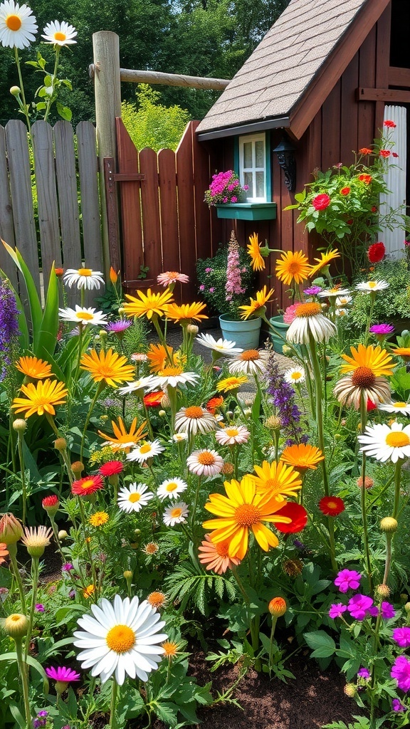 A vibrant flower garden with daisies and zinnias surrounding a cozy wooden garden shed.
