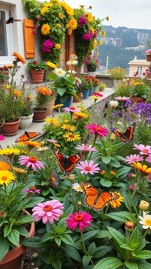 A colorful terrace garden filled with various flowers and butterflies.
