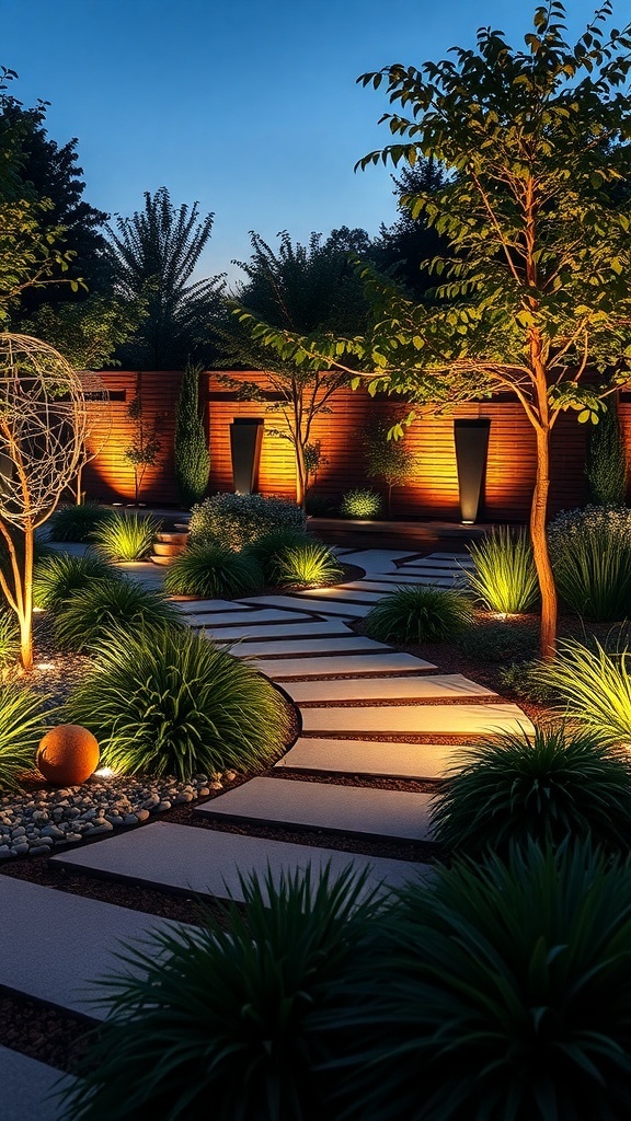 A modern garden path illuminated with soft lights, surrounded by lush greenery and decorative elements.