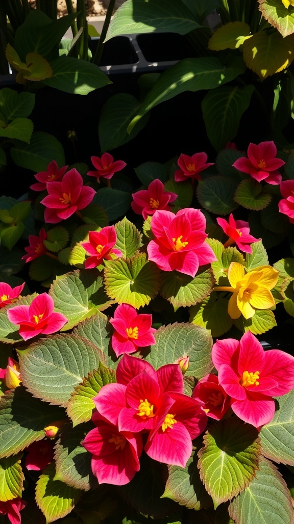 Vibrant pink and yellow begonias with lush green leaves in a container garden.