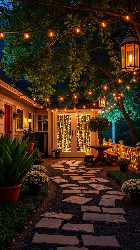 A beautifully lit garden path with string lights and lanterns, creating a cozy atmosphere.