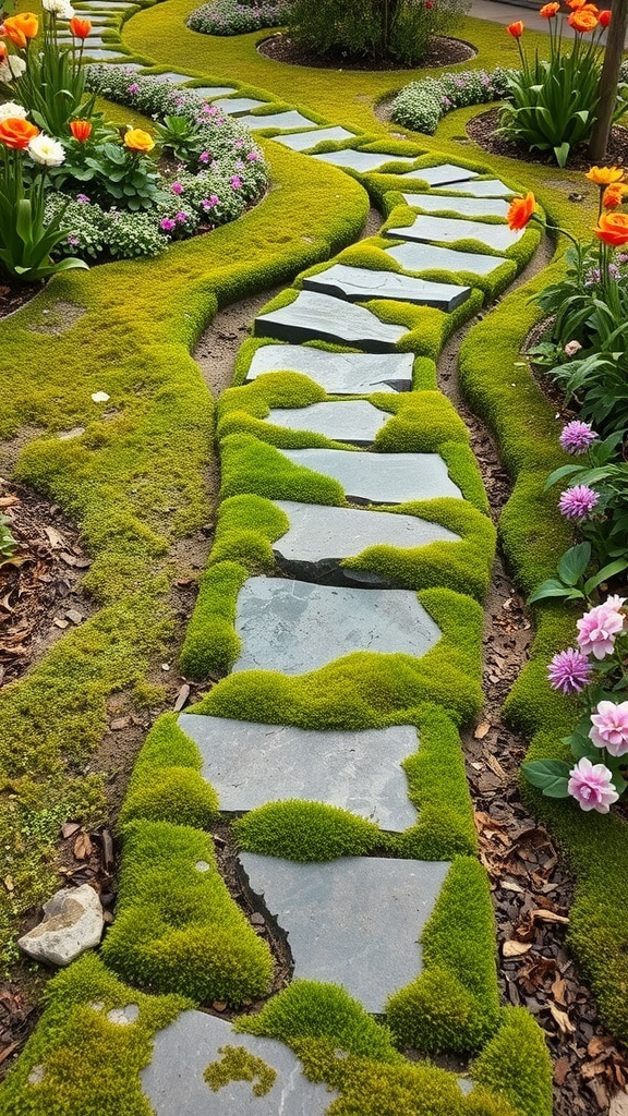 A winding garden walkway made of stone slabs, surrounded by colorful flowers and moss.