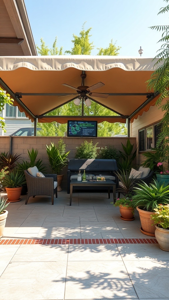 A cozy patio garden with a large canopy providing shade, featuring comfortable seating and potted plants.