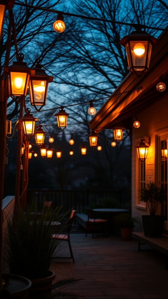 A patio with warm lighting from hanging lanterns and string lights, creating a cozy atmosphere.