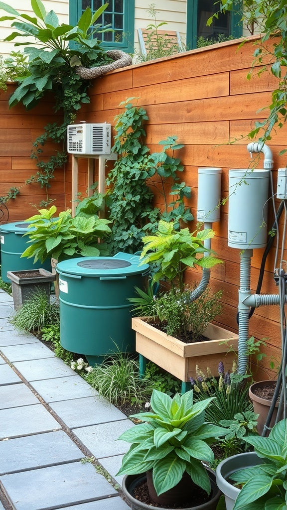 A sustainable patio garden featuring rainwater collection, various plants, and efficient use of space.