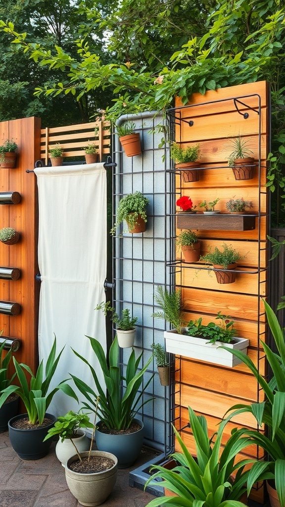A vertical garden structure featuring wooden panels, metal grids, and various potted plants.