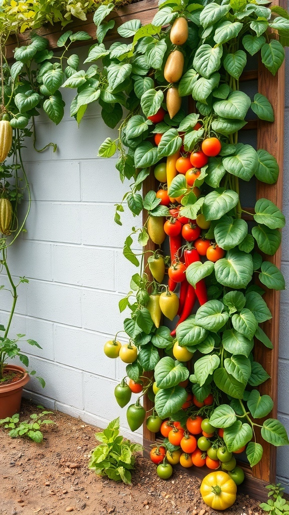 A vertical garden featuring a variety of vegetables including tomatoes, peppers, and squash growing on a wooden trellis.