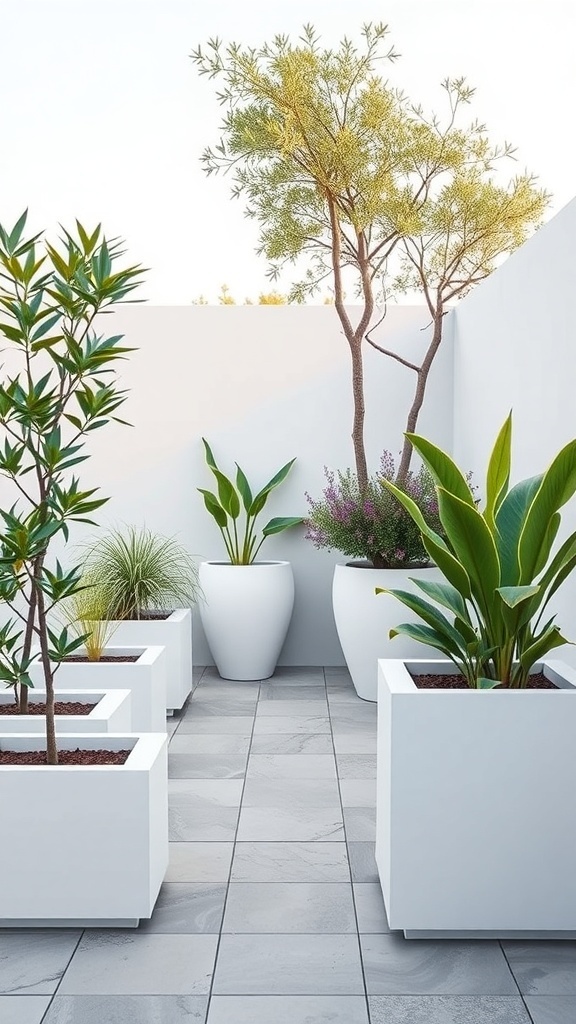 A minimalist small terrace garden featuring white planters with various plants on gray tiles.