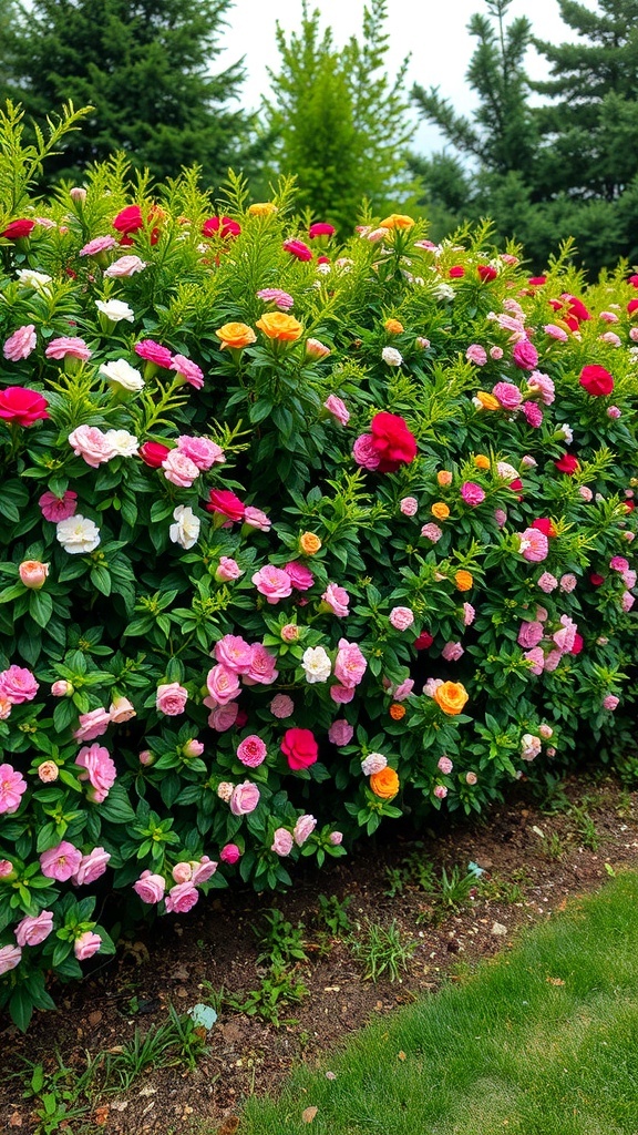 A colorful flowering shrub garden with pink, red, and yellow flowers.