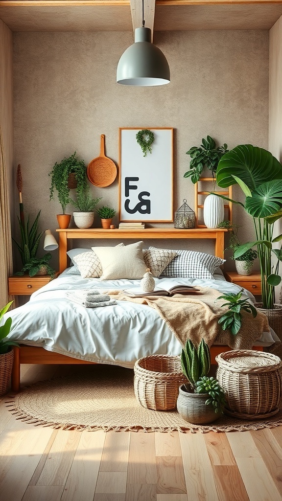 A cozy bedroom featuring plants, natural materials, and sustainable decor elements.