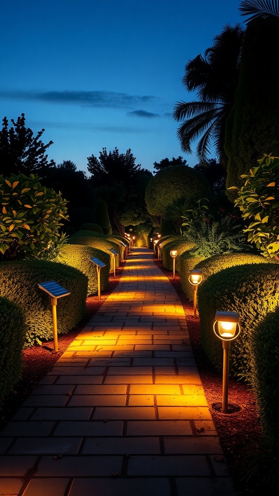A garden walkway illuminated by soft lights, surrounded by lush greenery.