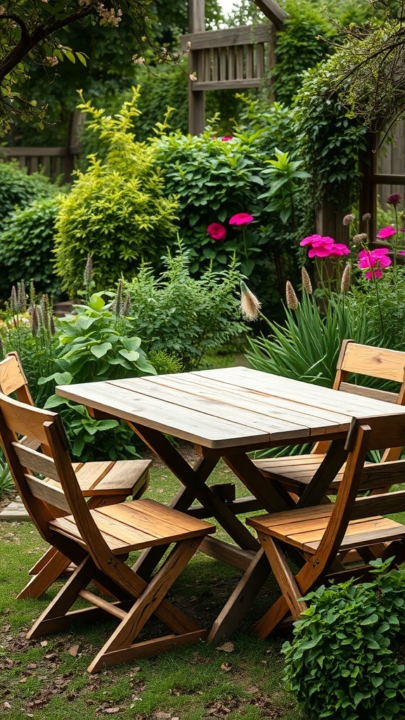 A rustic wooden table and chairs set in a lush garden with vibrant flowers and greenery.