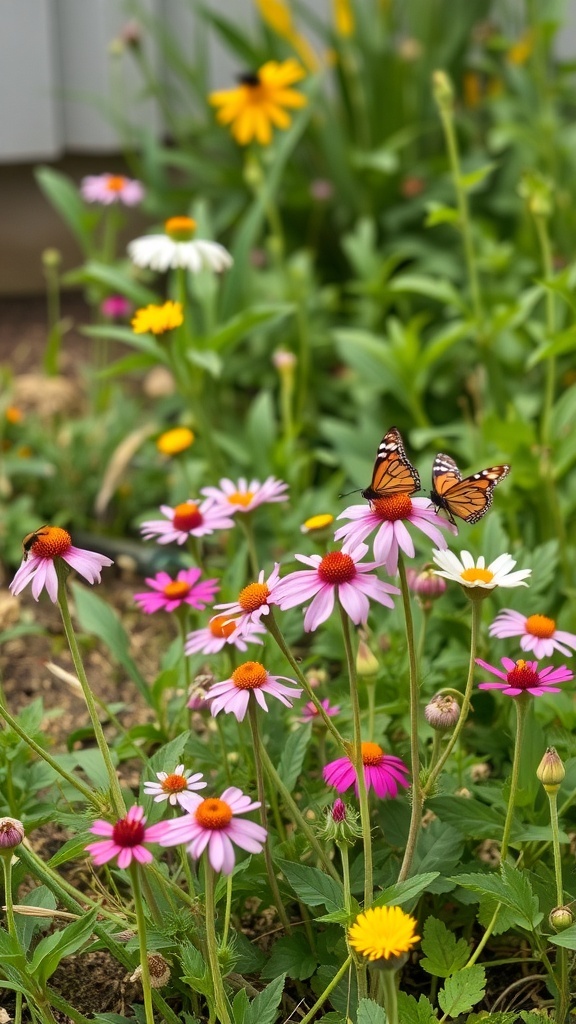 A colorful wildflower patch with butterflies and various flowers