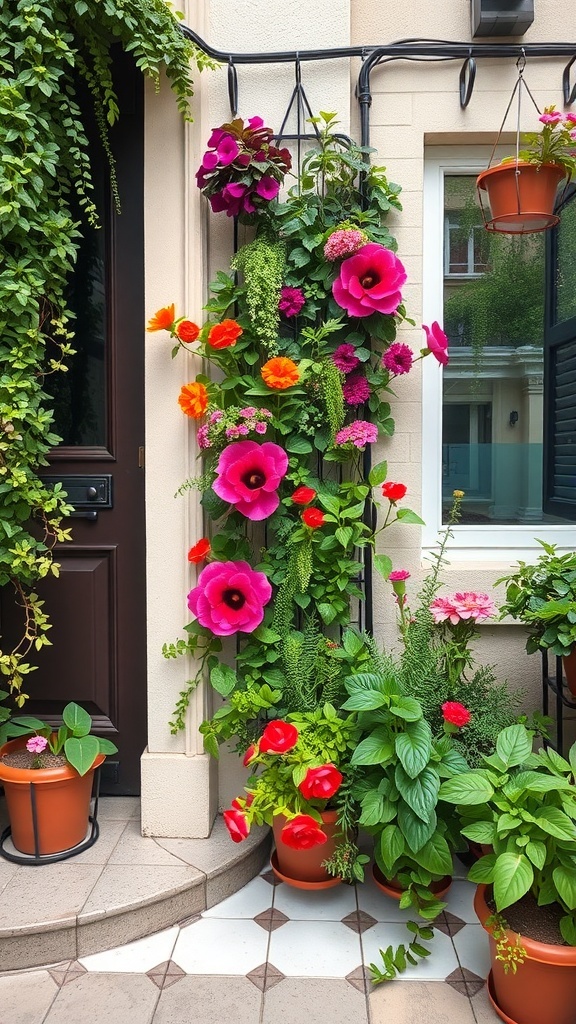 A vibrant vertical garden with colorful flowers and lush greenery against a wall.