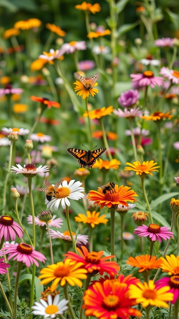 A colorful pollinator garden filled with various flowers attracting butterflies and bees.