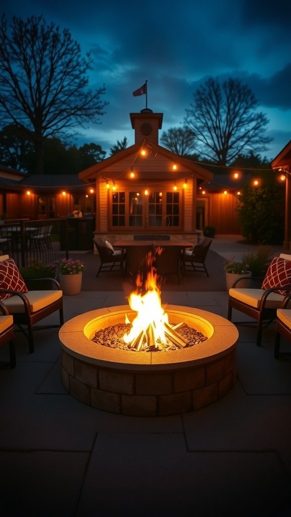 A cozy fire pit surrounded by chairs, illuminated by string lights in a patio garden setting.