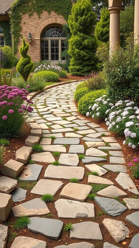 A rustic stone pathway winding through a colorful garden with flowers and greenery.
