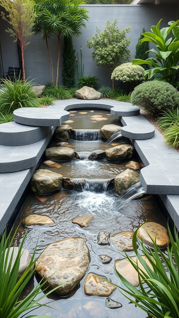 A modern garden water feature with smooth stones and gentle waterfalls surrounded by lush greenery.