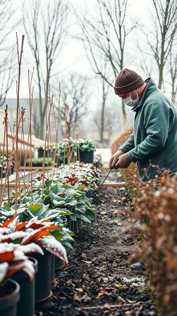 A gardener tending to plants in a potager garden during winter.