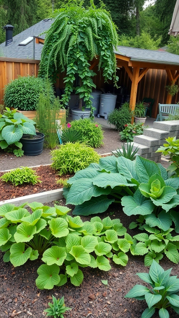A lush garden with various edible plants and a wooden structure in the background.