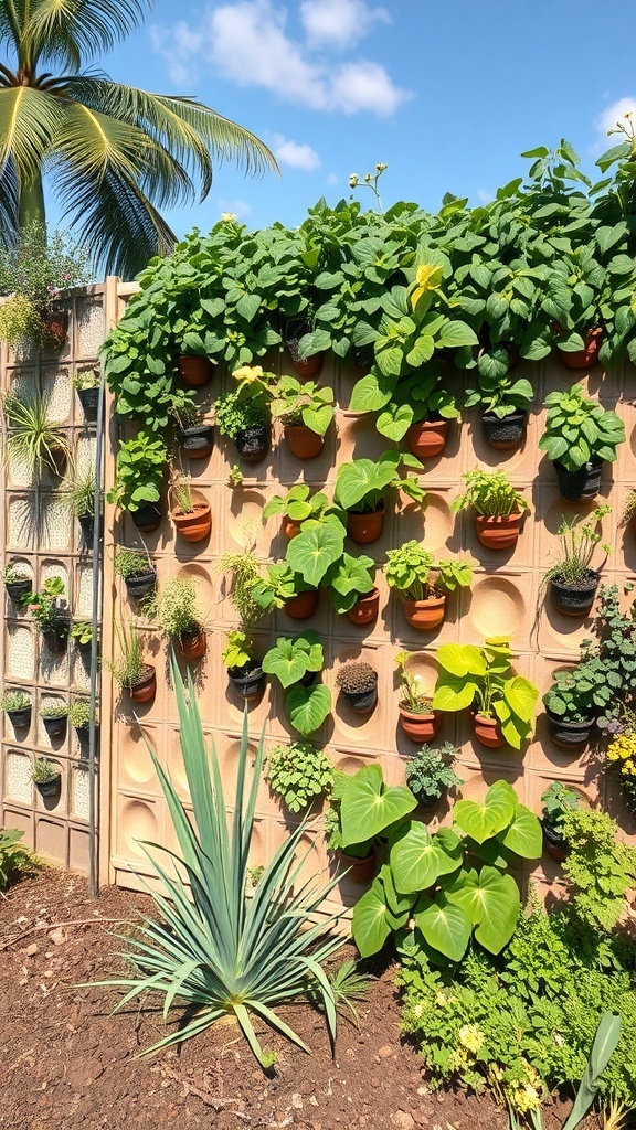 A vibrant vertical garden with various plants in wall-mounted pots, showcasing innovative gardening techniques.