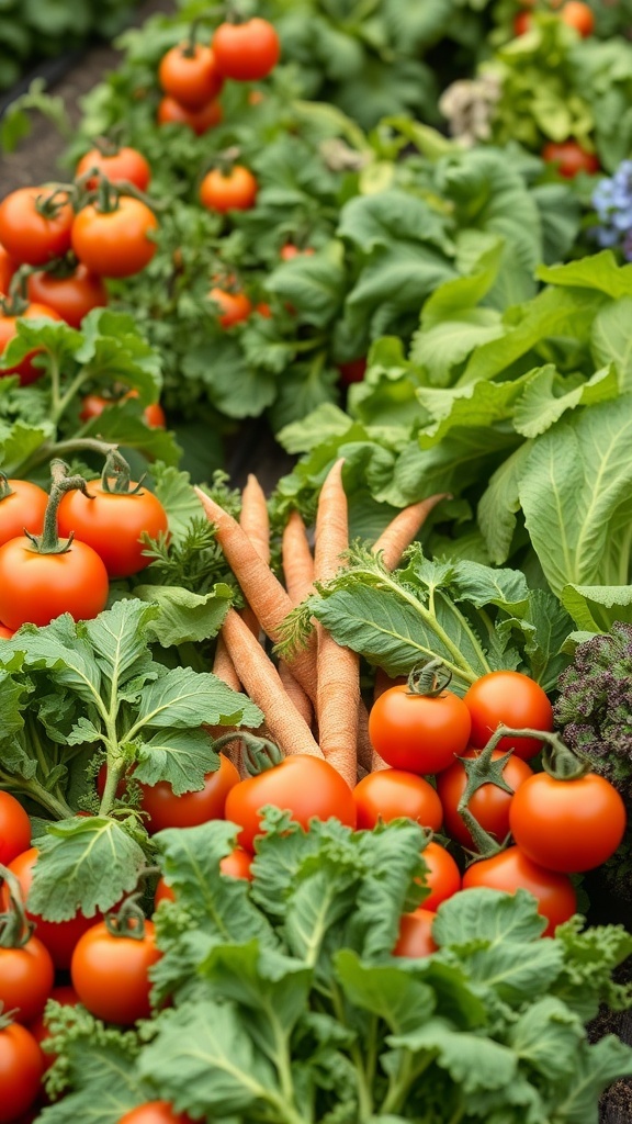 A vibrant potager garden featuring tomatoes, carrots, and leafy greens.