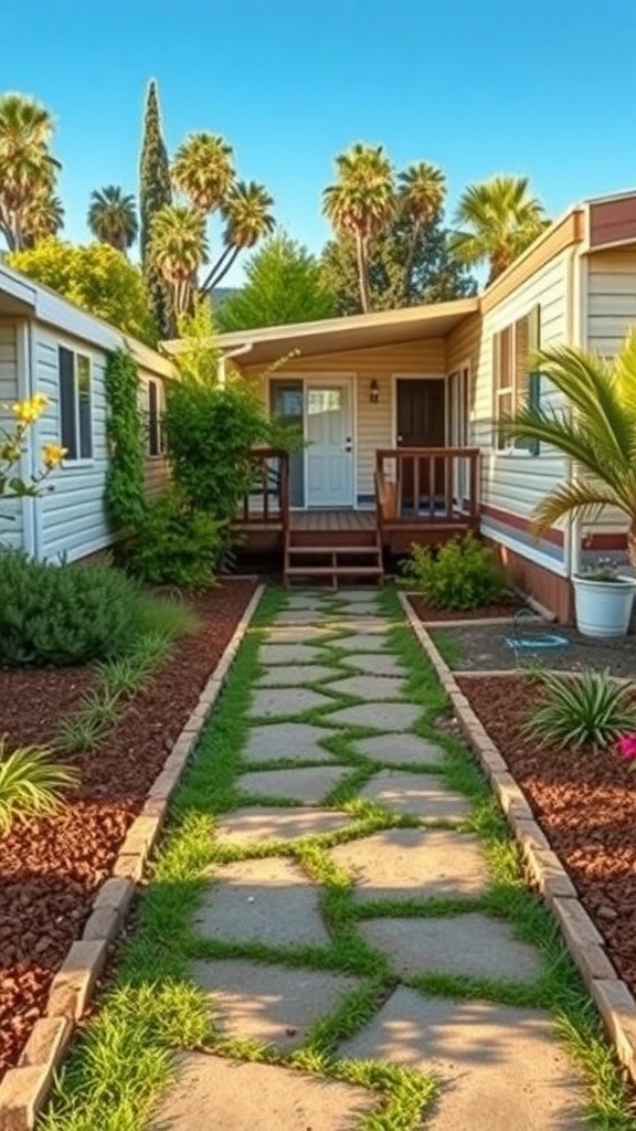 A garden pathway made of stone slabs leading to a mobile home, surrounded by greenery and flowers.