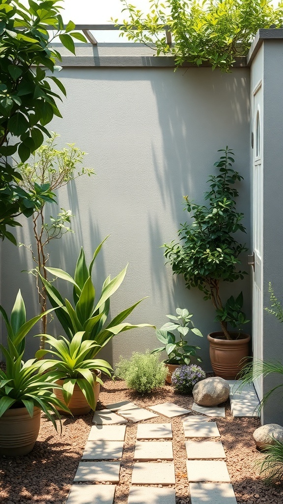 A serene low-light corner garden featuring various potted plants, stones, and a pathway.