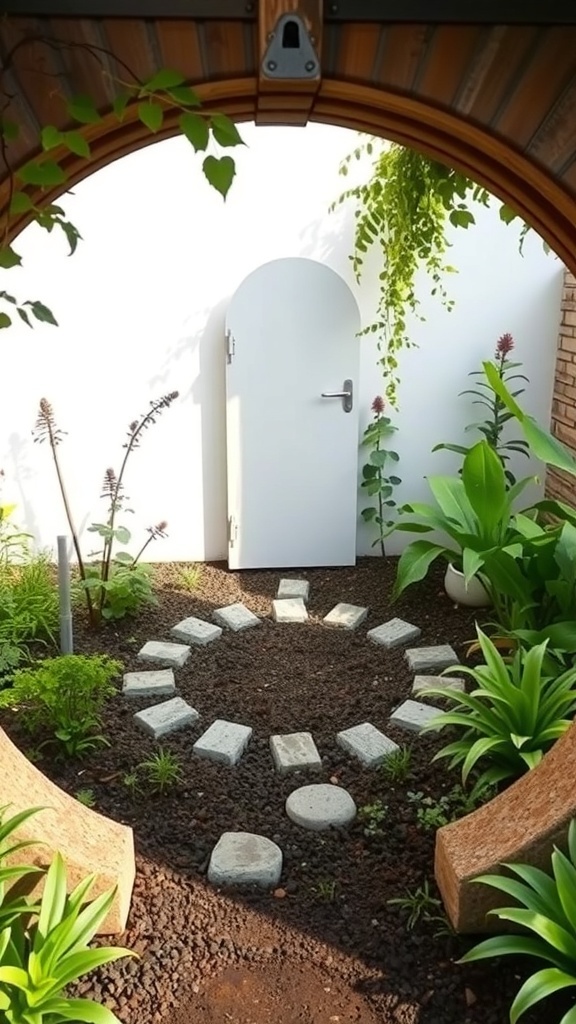 A keyhole garden featuring a circular stone path and lush greenery, with a white door in the background.