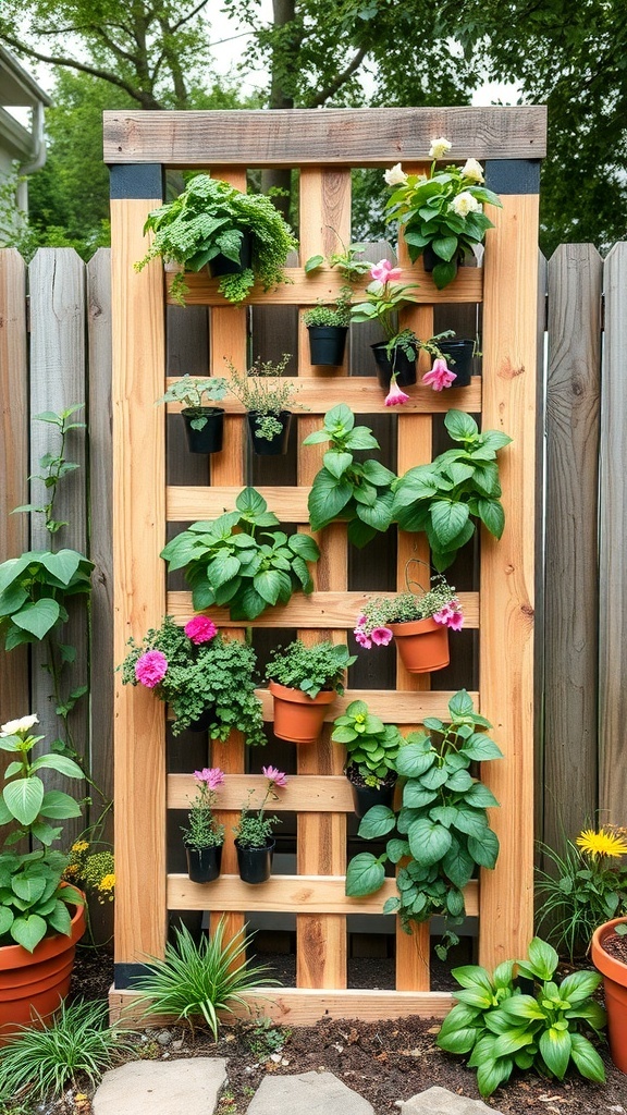 Vertical pallet garden trellis with various plants in pots