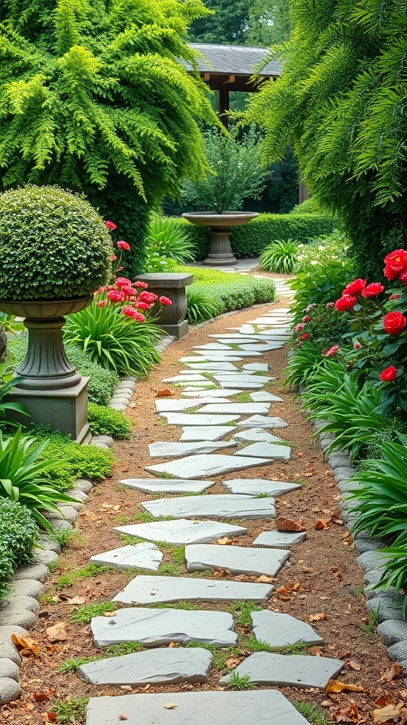 A rustic garden pathway made of stone, surrounded by lush greenery and colorful flowers.