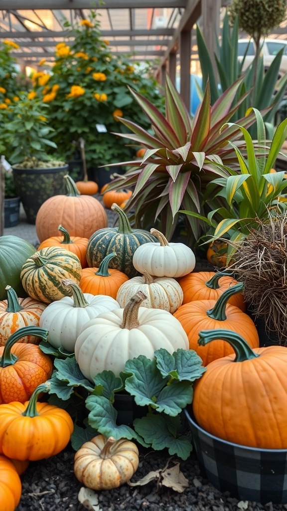 A collection of colorful pumpkins in a potager garden setting