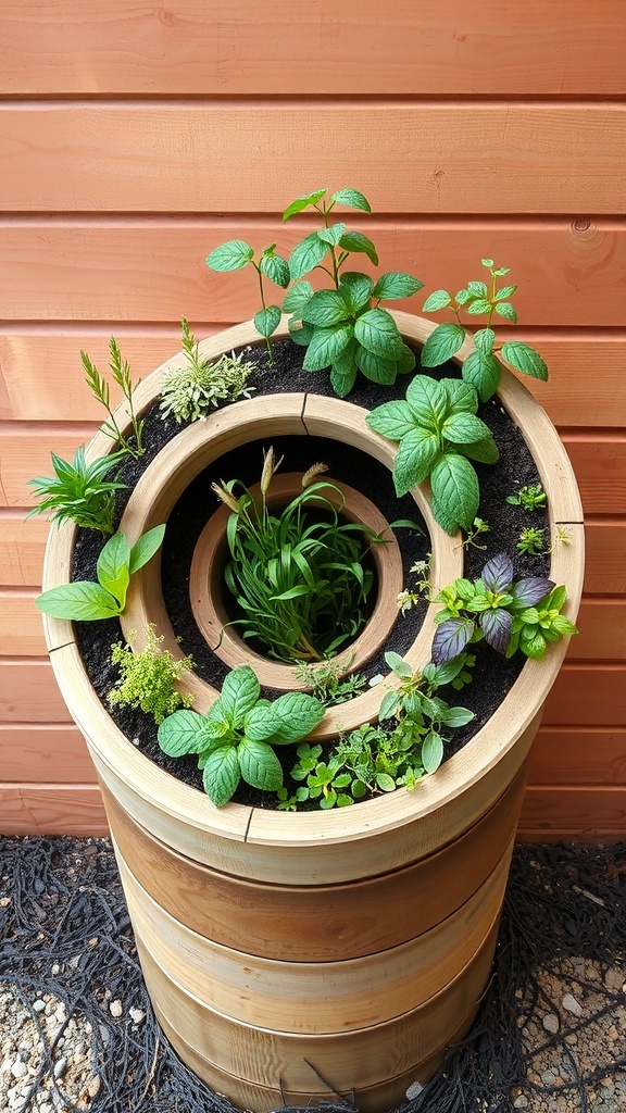 A miniature herb spiral made from a wooden barrel, filled with various herbs.