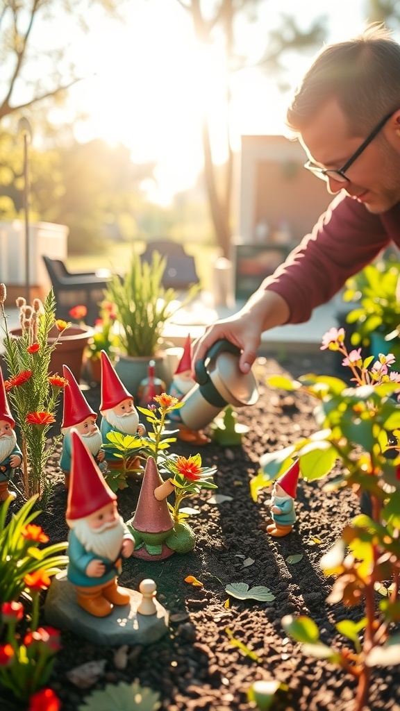 A person watering a gnome garden filled with colorful plants and gnome figurines.
